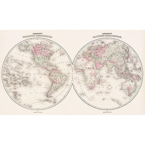 Johnsons Western and Eastern Hemisphere 1866 White Modern Wood Framed Art Print by Johnson and Ward