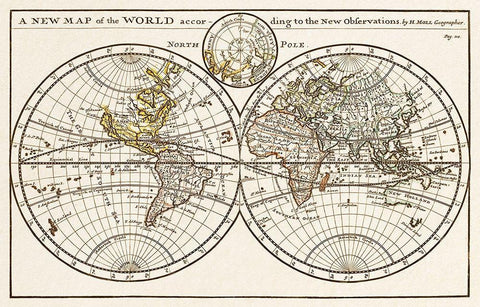 A new map of the world according to the new observations 1732 White Modern Wood Framed Art Print with Double Matting by Moll, Herman