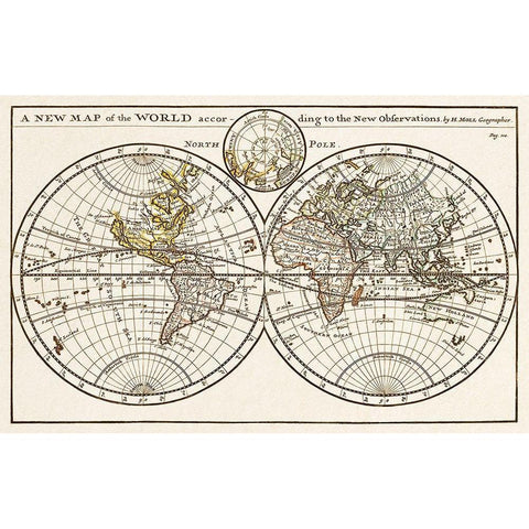 A new map of the world according to the new observations 1732 Gold Ornate Wood Framed Art Print with Double Matting by Moll, Herman