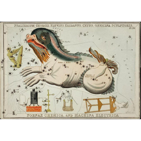 Astronomical chart illustration of the Psalterium Georgii-Fluvius Eridanus-Cetus-Officinal Scupltori Gold Ornate Wood Framed Art Print with Double Matting by Hall, Sidney