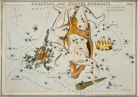 Astronomical chart illustration of the Hercules and the Corona Borealis White Modern Wood Framed Art Print with Double Matting by Hall, Sidney