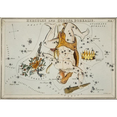Astronomical chart illustration of the Hercules and the Corona Borealis Black Modern Wood Framed Art Print by Hall, Sidney