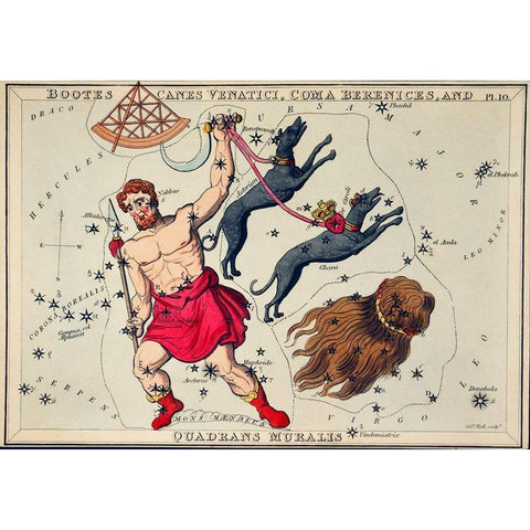 Astronomical chart illustration of Bootes Canes Venatici-Coma Berenices-and Quadrans Muralis Black Modern Wood Framed Art Print with Double Matting by Hall, Sidney