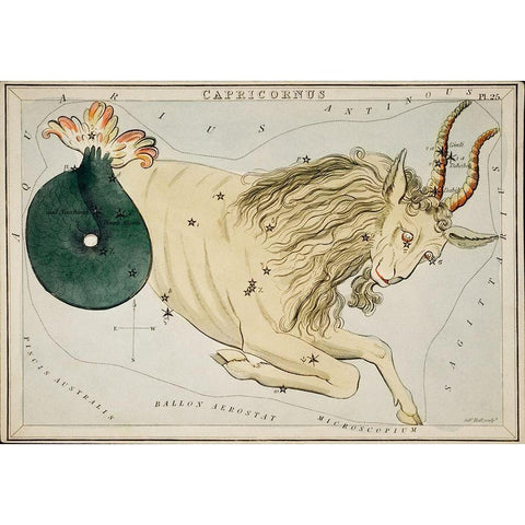 Astronomical chart illustration of the Zodiac Capricornus Black Modern Wood Framed Art Print with Double Matting by Hall, Sidney