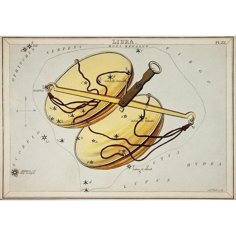 Astronomical chart illustration of the Libra White Modern Wood Framed Art Print by Hall, Sidney