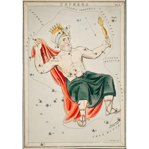 Astronomical chart illustration of the Cepheus Gold Ornate Wood Framed Art Print with Double Matting by Hall, Sidney