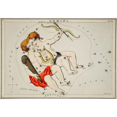 Astronomical chart illustration of the Zodiac Gemini Gold Ornate Wood Framed Art Print with Double Matting by Hall, Sidney