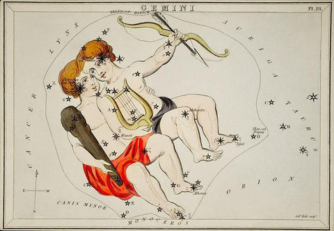 Astronomical chart illustration of the Zodiac Gemini White Modern Wood Framed Art Print with Double Matting by Hall, Sidney