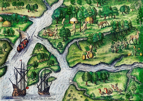 Port Royal-South Carolina illustration from Grand voyages 1596 White Modern Wood Framed Art Print with Double Matting by Bry, Theodor de