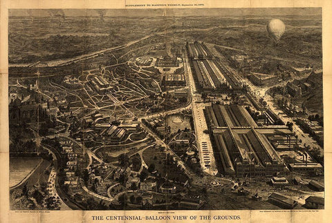 Balloon View of the Centennial Fairgrounds in Philadelphia-Pennsylvania 1876 White Modern Wood Framed Art Print with Double Matting by Vintage Places