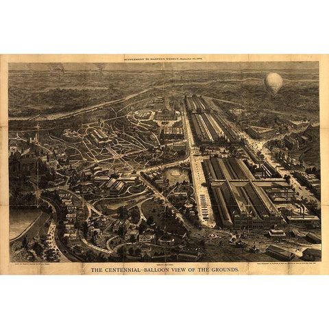 Balloon View of the Centennial Fairgrounds in Philadelphia-Pennsylvania 1876 Gold Ornate Wood Framed Art Print with Double Matting by Vintage Places