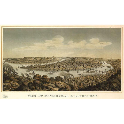 Pittsburgh and Allegheny Pennsylvania 1871 Gold Ornate Wood Framed Art Print with Double Matting by Vintage Places