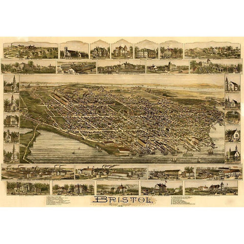 Bristol Rhode Island 1891 Gold Ornate Wood Framed Art Print with Double Matting by Vintage Places