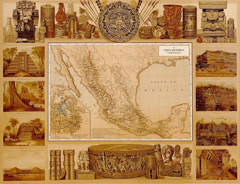 Archaeological Map of Mexico Black Ornate Wood Framed Art Print with Double Matting by Vintage Maps