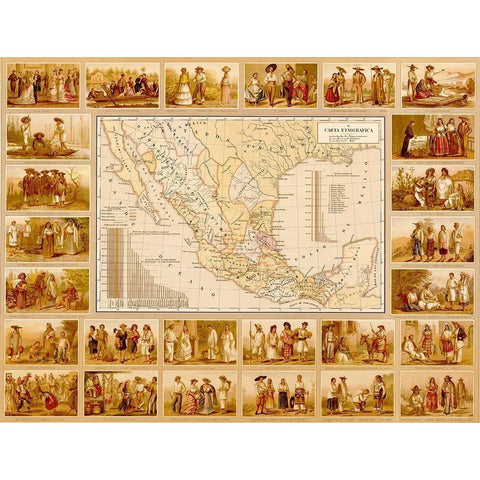 Ethnographic Map of Mexico Black Modern Wood Framed Art Print with Double Matting by Vintage Maps