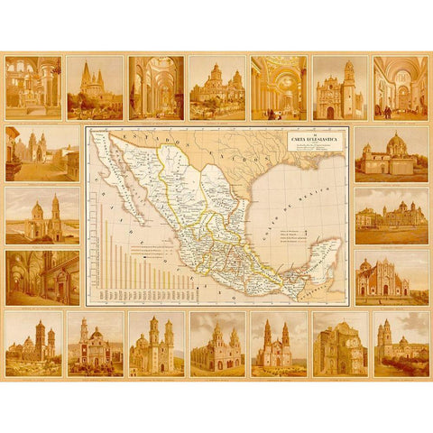 Ecclesiastical Map of Mexico Black Modern Wood Framed Art Print with Double Matting by Vintage Maps