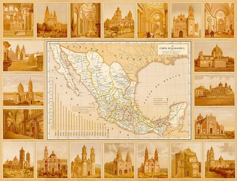 Ecclesiastical Map of Mexico White Modern Wood Framed Art Print with Double Matting by Vintage Maps