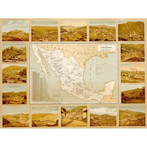 Mineralogical Map of Mexico Gold Ornate Wood Framed Art Print with Double Matting by Vintage Maps