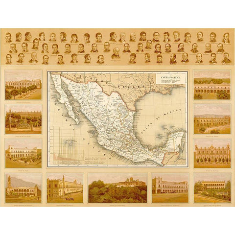 Political Map of Mexico Gold Ornate Wood Framed Art Print with Double Matting by Vintage Maps