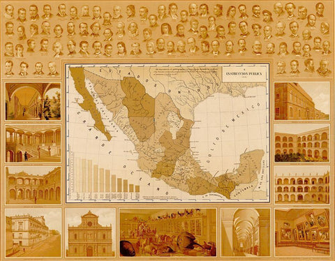 Public Education in Mexico Black Ornate Wood Framed Art Print with Double Matting by Vintage Maps