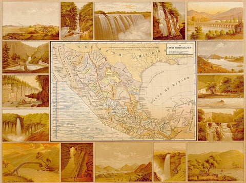 Waterfalls and Dams in Mexico Black Ornate Wood Framed Art Print with Double Matting by Vintage Maps