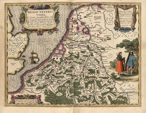 Belgium Black Ornate Wood Framed Art Print with Double Matting by Vintage Maps