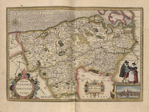 Flanders Belgium Map Black Ornate Wood Framed Art Print with Double Matting by Vintage Maps