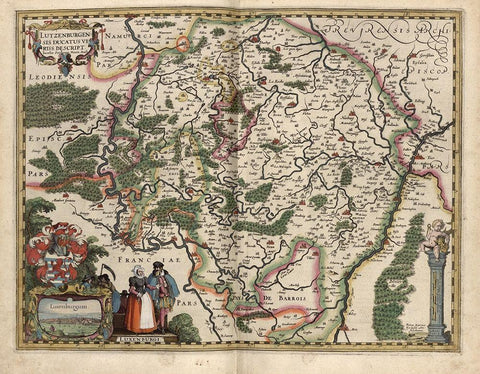 Map of Luxembourg Black Ornate Wood Framed Art Print with Double Matting by Vintage Maps