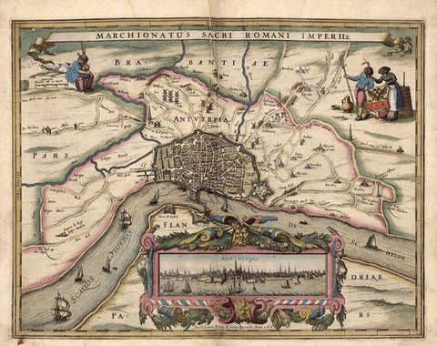 Map of Antwerp Belgium Black Ornate Wood Framed Art Print with Double Matting by Vintage Maps
