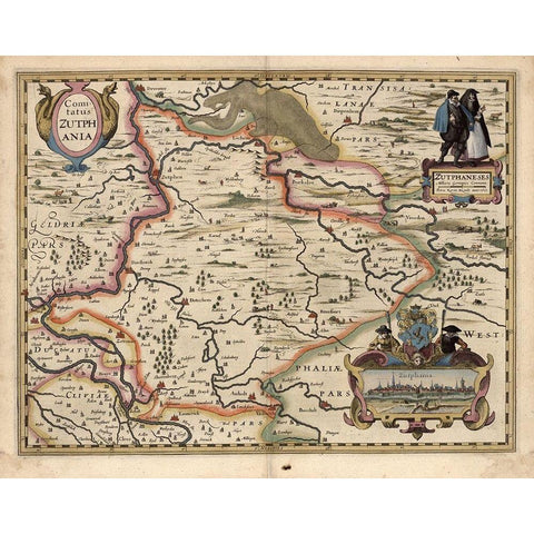Map of the area around Zutphanis Netherlands Gold Ornate Wood Framed Art Print with Double Matting by Vintage Maps