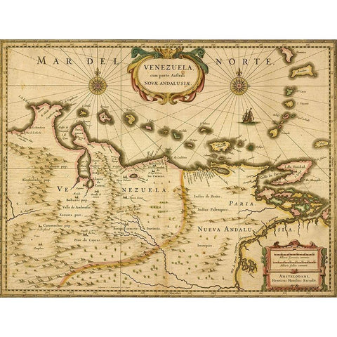 Venezuela 1630 Black Modern Wood Framed Art Print with Double Matting by Vintage Maps