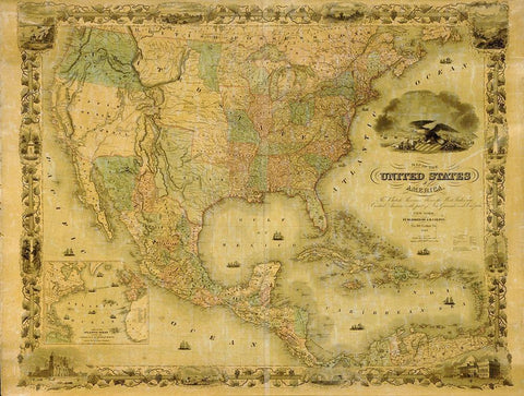 United States Black Ornate Wood Framed Art Print with Double Matting by Vintage Maps