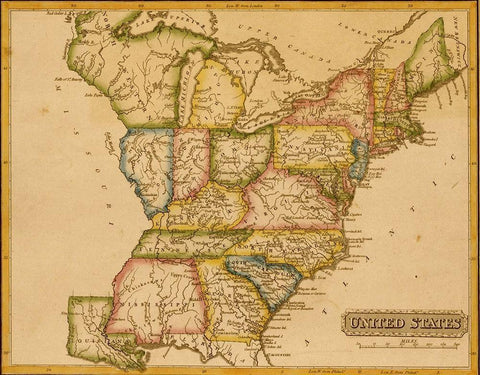 United States 1817 Black Ornate Wood Framed Art Print with Double Matting by Vintage Maps