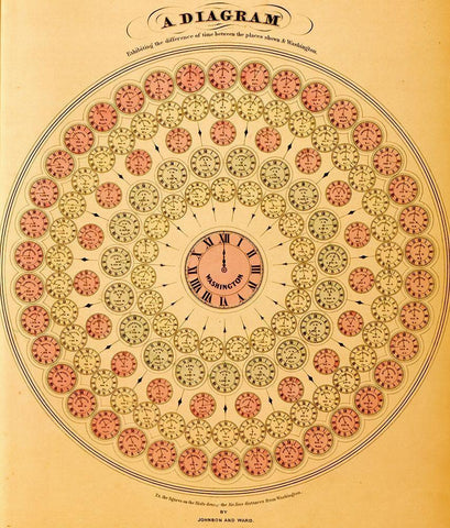 Diagram of Time Differences Black Ornate Wood Framed Art Print with Double Matting by Vintage Maps