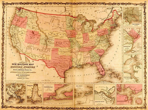 Military Map of the United States 1862 White Modern Wood Framed Art Print with Double Matting by Vintage Maps