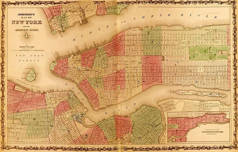 Manhattan Island 1862 Black Ornate Wood Framed Art Print with Double Matting by Vintage Maps