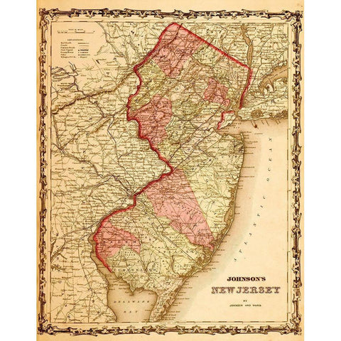 New Jersey 1862 Gold Ornate Wood Framed Art Print with Double Matting by Vintage Maps
