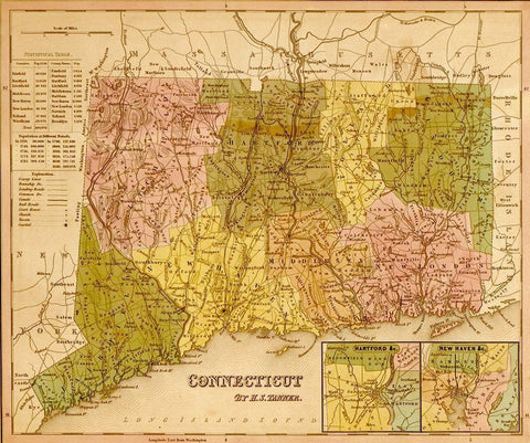 Connecticut 1844 Black Ornate Wood Framed Art Print with Double Matting by Vintage Maps