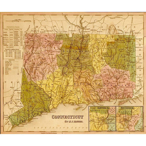 Connecticut 1844 White Modern Wood Framed Art Print by Vintage Maps