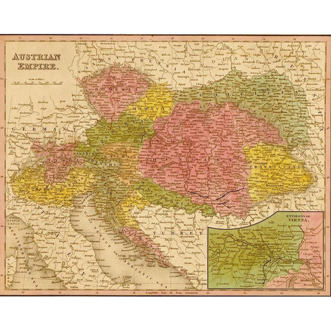 Austrian Empire 1844 Black Modern Wood Framed Art Print with Double Matting by Vintage Maps