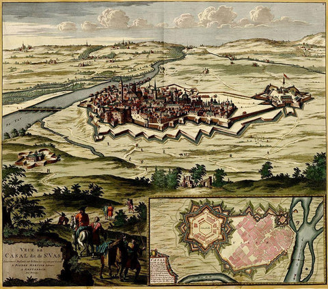 Casal on the Po River 1700 Black Ornate Wood Framed Art Print with Double Matting by Vintage Maps