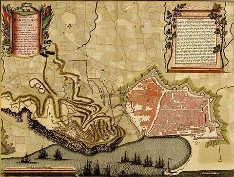 Barcelona Spain Defenses 1700 Black Ornate Wood Framed Art Print with Double Matting by Vintage Maps