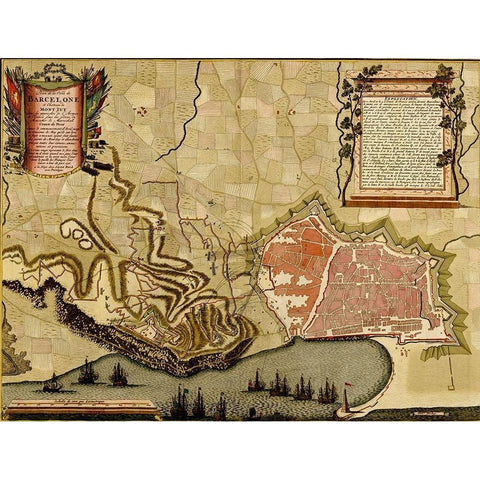 Barcelona Spain Defenses 1700 Black Modern Wood Framed Art Print by Vintage Maps