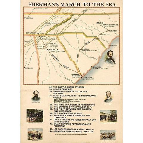 Civil War Shermans March to the Sea Gold Ornate Wood Framed Art Print with Double Matting by Vintage Maps