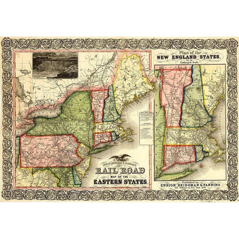 Railroad Map of the Eastern States and New England 1856 Gold Ornate Wood Framed Art Print with Double Matting by Vintage Maps