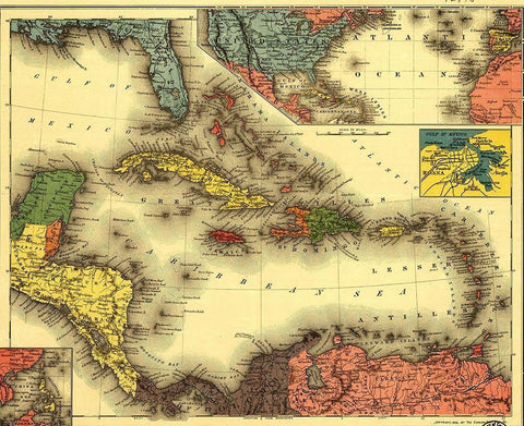 Evening Post map of the West Indies 1898 Black Ornate Wood Framed Art Print with Double Matting by Vintage Maps