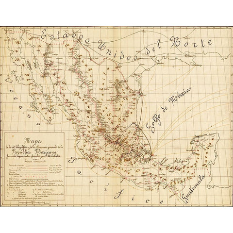 Telegraph and Communications Systems mexico 1884 Gold Ornate Wood Framed Art Print with Double Matting by Vintage Maps