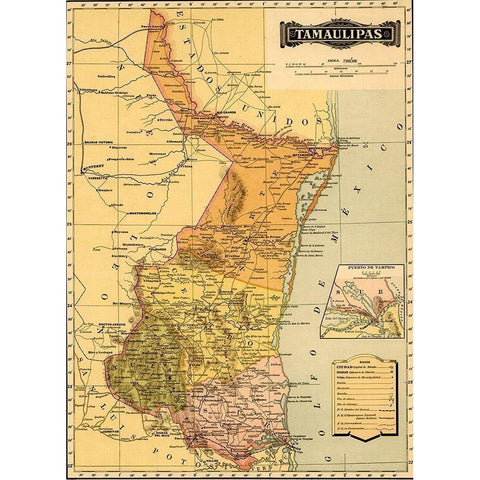 Tamaulipas 1844 Gold Ornate Wood Framed Art Print with Double Matting by Vintage Maps