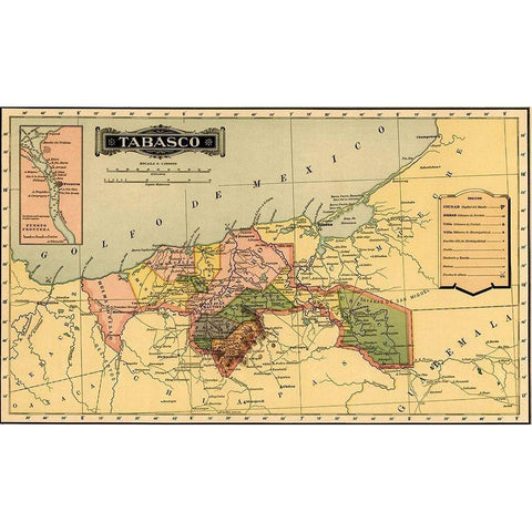 Tabasco 1844 Gold Ornate Wood Framed Art Print with Double Matting by Vintage Maps