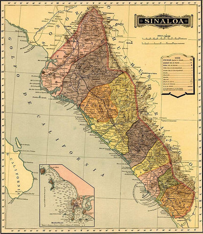Sinaloa 1844 White Modern Wood Framed Art Print with Double Matting by Vintage Maps